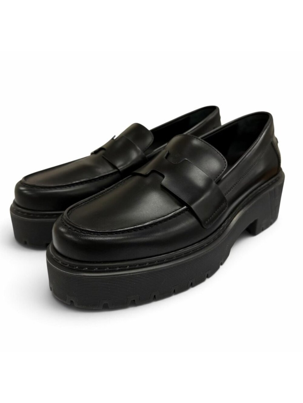 Hermes Hitch H Logo Thick Leather Loafers Black